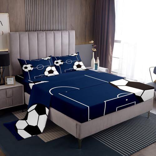 jejeloiu Football Sheet Set Full Size Kids Soccer Ball Pattern Sheets with Deep Pocket Fitted Sheet for Boys Girls Teens Sports Theme Bed Sheets Set Breathable Football Court Bedding Set Room Decor