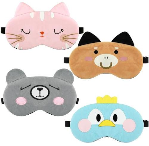 Schlafmaske Kinder, 4 Stück 3D Süße Tiere Augenmaske Atmungsaktiv Augenabdeckung Ultraweich Augenbinde Schlafmasken für Mädchen Jungen Damen Reisen Nickerchen