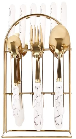 Cutlery Set,24-Piece Home Safety Stainless Steel Cutlery Set with Stand, Including 6 Spoons,6 Forks,6 Knives, and 6 Coffee Spoons (White)