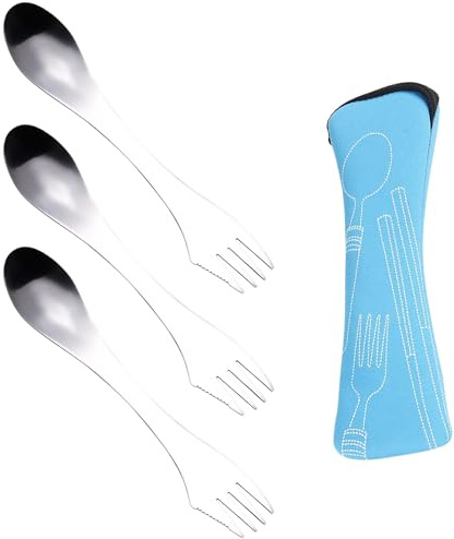 Cubertería de camping 3 en 1 de 3 piezas, bolsa de almacenamiento de 1 pieza, cubiertos de camping de acero inoxidable, juego de cuchara, tenedor y cuchillo, tenedor y cuchara para viajes y picnics
