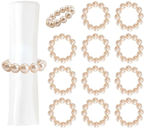 URROMA Serviettenringe mit Perlen, Champagnerperlen, verstellbare Serviettenringe f黵 Hochzeit, Party, Abendessen, Tischdekoration, 4 cm, 12 St點k
