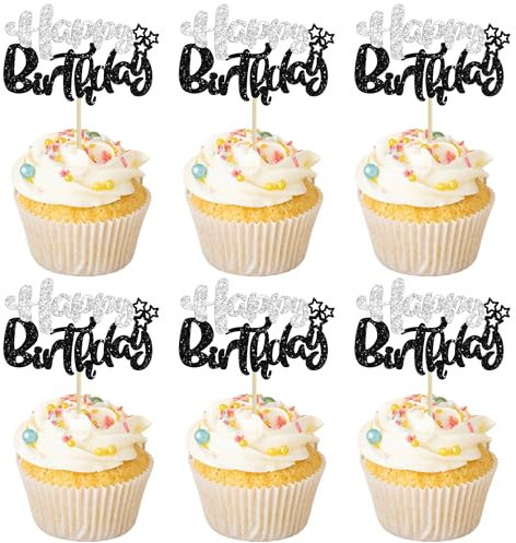 Ephlyn 24Pcs Happy Birthday Cupcake Toppers Double Layer Glitter Happy Birthday Cake Decorations for Baby Shower Theme Kids Boys Girls Birthday Anniversary Party Decorations Supplies Black Silver