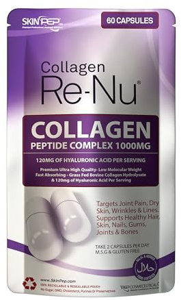 Collagen Peptide 60 Capsules 1000mg, with Hyaluronic Acid (Not Collagen Powder) - 1 Month Supply - Premium Halal Double Hydrolysed Type 1&3 Collagen Supplements for Women & Men - by SkinPep