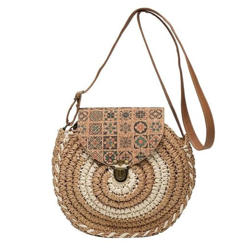 Generisch Umhängetasche aus Stroh für Damen, runde geflochtene Taschen, Sommer-Crossbody-Strohtaschen mit großem Fassungsvermögen für unterwegs, gewebte, handgefertigte Tragetasche