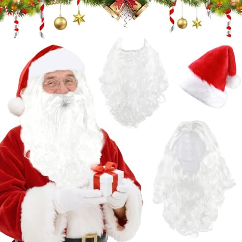 Weihnachtsmann Perücke + Weihnachtsmann Bart + Weihnachtsmann Mütze, Weiße Santa Beard und Perücke Set, Perücke zum Verkleiden als Nikolaus für Karneval Urlaub Party