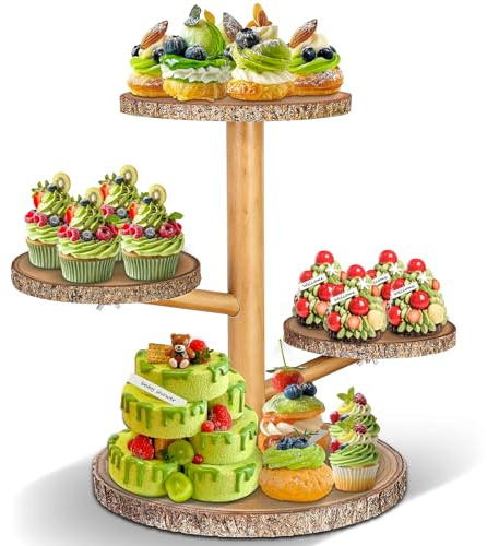 Primo Lines 4-Tier Round Cupcake Tower Stand, Wooden Cake Stand with Tiered Tray Decor, Farmhouse Style, Natural & Sturdy Cupcake Display