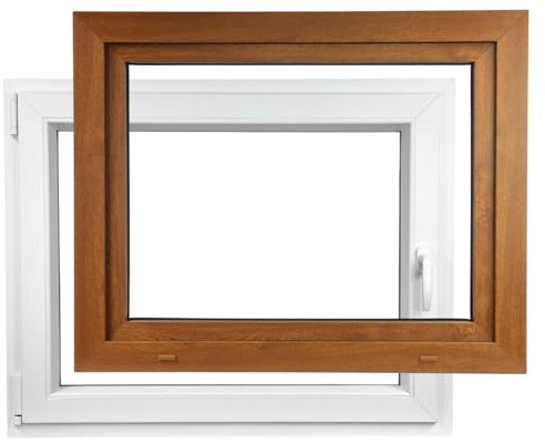 ALUCON Kellerfenster 600x500 mm – Fenster 60x50 cm – Kunststofffenster Innen Weiß/Außen Goldene Eiche – Flügelfenster DIN Links