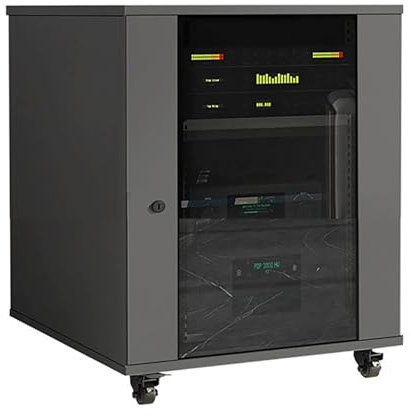 JIAOCKJIAO Beweglicher Phonoschrank, Stereo Schrank mit Verstellbaren Regalen, Audio Rack Hi Fi Regal mit Glastür, Record Player Stand for Entertainment-Stereokomponenten(Gray,56x57x63CM)