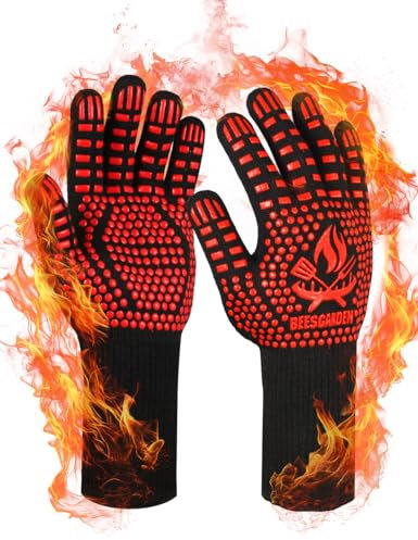 Beesgarden BBQ Gloves extreme heat resistant 800°C / 1472°F, Silicone Non-Slip Grilling bbq Gloves Oven Mitts Oven Gloves for Barbecue, Grilling, Cooking, Baking, Smoker - Red, L/XL/XXL Size