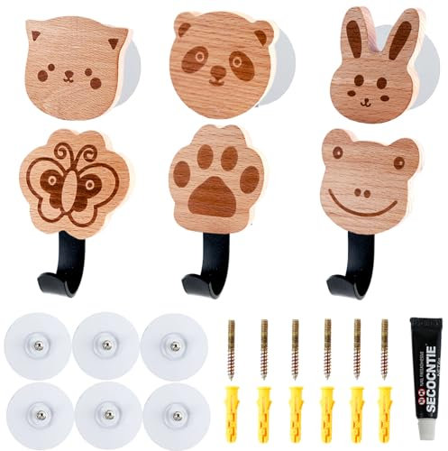 ZUYIST 6PCS Self Adhesive Kids Coat Hooks, Wall Mounted Wooden Coat Hook Without Drilling or to Be Drilled, Children's Animal Coat Hooks with 6 Black Metal Hooks for Towels Backpacks Hats Clothes