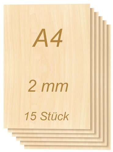 Tocome 2mm A4 Linde Sperrholzplatte 297 x 210 x 2mm Sperrholz Laserfähig 2mm Laser Holz Lindensperrholz (15 Stück)