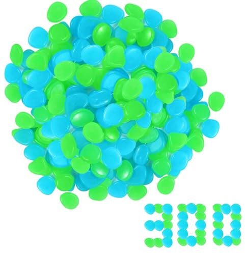 OUDQFCJ 300 Pezzi Luminose che Brillano al Buio, Fluorescenti in Resina, da Giardino, Decorativi per Vasi, Sassolini Decorativi, per Acquario, Ciottoli Luminosi per Prati e Terrazza (Blu, Verde)