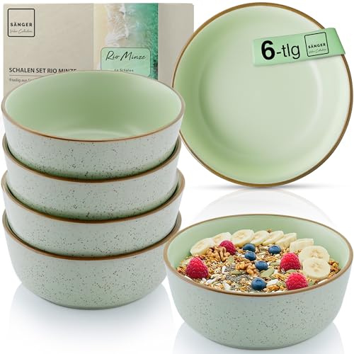SÄNGER Rio Minze Steingut Müslischalen Set 6 teilig, Schüsseln | 6 Personen, Schalen multifunktional, kratz- mikrowellen- spülmaschinenfest, Tiefe Teller mintgrün 600 ml