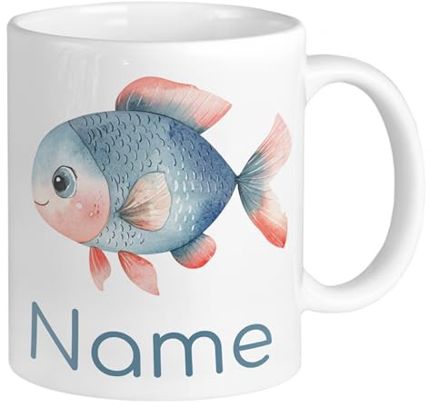 GRAZDesign Personalisierte Kindertasse mit Fischmotiv – Individueller Namen Kinderbecher Keramik 330ml