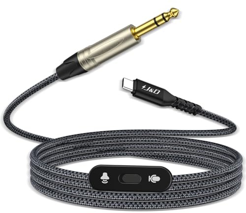 J&D USB C auf 6,35 mm TRS Stereo Audiokabel, 2-in-1-Kabel mit Schalterknopf, Unterstützt Aufnahme und Wiedergabe, Kompatibel mit iPhone 15/16, MacBook, iPad, Schwarz, 2 Meter