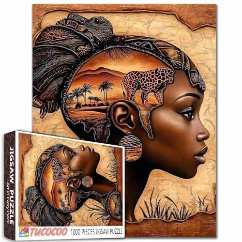 Puzzles 1000 pièces Native America Afrique pour adultes, familles (femme, tigre, désert, savane) pièces s’assemblent parfaitement 50 x 70 cm Afro Fille Noire Performance Cadrable Art Magique