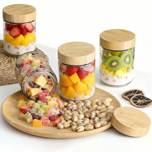 Vurixfo 4 Pack 16oz Overnight Oats Containers with Lids, Glass Oatmeal Salad Jars Wide-Mouth Glass Jar Breakfast Pots Airtight Meal Prep Jar Glass Storage Jars for Jams Yogurt Spice Sugar, 500ml