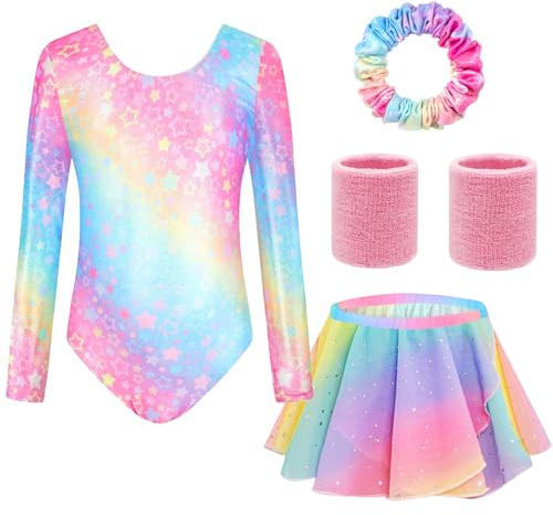 TOSZOLY Body Ginnastica Artistica Bambina, Set 5 Pezzi con Body Maniche Lunghe, Gonna da Balletto, Fascia Capelli, Polsini, Completo per Ginnastica, Danza e Spettacoli, 4-9 Anni