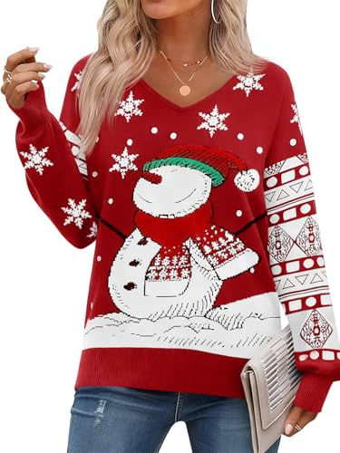 Saodimallsu Pull de Noël pour femme Sweater Pull de Noël Manches longues Col en V Pull tricoté Bonhomme de neige Hiver Pull chaud en tricot pour Noël, rouge, L