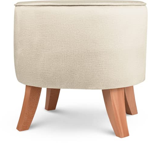 MG Design Ovaler Samt-Hocker 42 x 52 cm in Beige mit Holzbeinen – Gepolsterter Fußhocker für Wohnzimmer oder Schlafzimmer