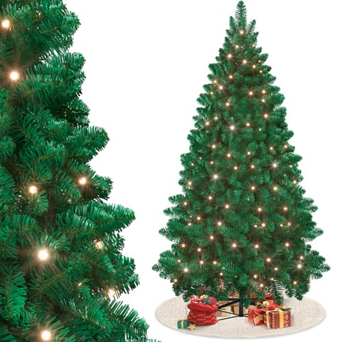 SAILUN Christmas Tree, Artificial PVC Pine Tree with LED Warm White Lights, Green PVC Fir Tree, Dense Bushy Branches, Green Xmas Trees With Metal Stand, Christmas Tree for Home Party, 210 cm