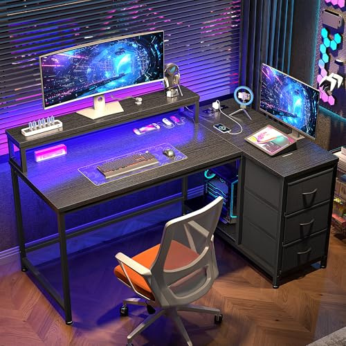 Cliporix L Shaped Gaming Desk, 120x80CM Sturdy Corner Computer Desk with Drawers & RGB Lights & CPU Stand, Black Reversible Office Writing Study Table with Spacious Storage for Compact Room Home