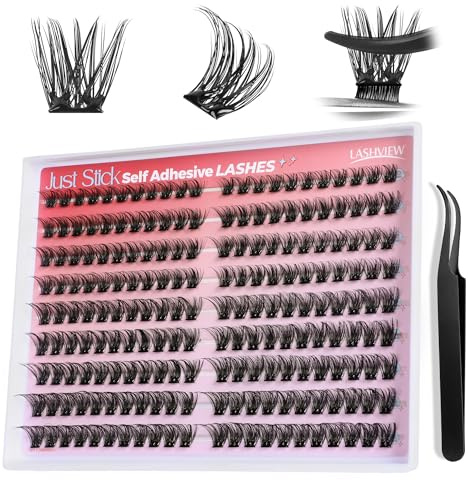 LASHVIEW Selbstklebende Wimpern Extensions,198pcs D Curl,3 Sekunden schnell aufsetzen, anfängerfreundlich, super tragbar, natürliche Press on Lashes perfekt für Alltag, Arbeit, Date und Party(A14)