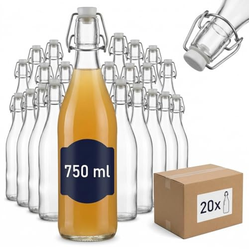 gouveo 20er Set Glasflasche 750 ml rund (0,75 l) mit Bügelverschluss – Drahtbügelverschluss mit Dichtung – Klarglasflasche zum Befüllen für Saft, Sirup, Likör, Öl – Spülmaschinengeeignet (BFR750)