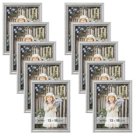 WOLTU Bilderrahmen 13x18, 10er set, Massivholz Fotorahmen mit Passepartout | Silber, Front aus PS-Platte, Posterrahmen zum vertikalen oder horizontalen Aufhängen und Aufstellen, Collage Wanddeko