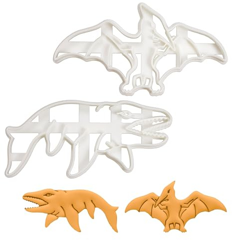 BAKERLOGY Set of 2 Dinosaurs Cookie Cutters (Designs: Pterodactyl and Mosasaurus) - Detailed Biscuit Cutter Design for Baking and Crafts, Ideal on Fondant, Dough, Clay