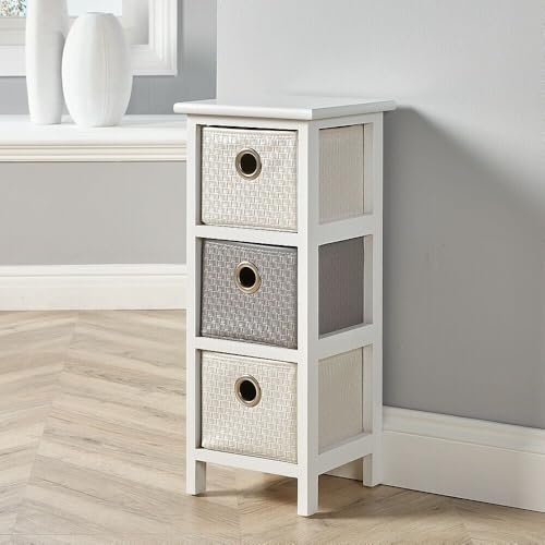 Home Source Storage Chest, Wooden Bedroom Hallway Cabinet, Faux Leather Drawers Organiser, White, 3 Drawer