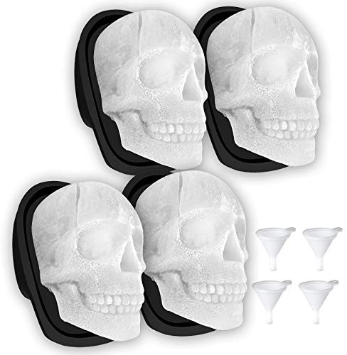 Große 3D-Totenkopf-Eisform aus Silikon, Totenkopf-Eiswürfelformen mit Trichtern für große Mundbecher, langlebig, schwarzer Totenkopf-Eisbereiter Whiskey, Bourbon, Cocktails, Bier, Partys (4 Stück)