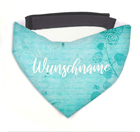 Hundehalstuch Vintage2 türkis / weiß personalisiert inklusive Wunschname z.B. Name Ihres Hundes mit 12 cm Klettverschluss für kleine, mittlere und große Hunde (M = Halsumfang 38-45 cm)