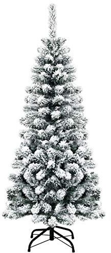 COSTWAY 140cm Árbol de Navidad Artificial Nevado, Agujas de PVC de 242 Puntas, Árbol de Navidad Slim/Estrecho, Soporte de Metal, Decorativa Nieve para Hogar Oficina Fiesta (Altura de 140cm)
