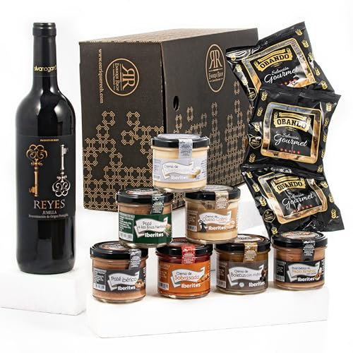 ENRIQUE RECH - Cesta Gourmet para Regalar – Vino Tinto Jumilla – Lote con 7 Latas Patés Iberitos – 3 Paquetes Picos Artesanos Obando - Cesta Regalo – Lote Gourmet