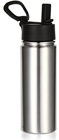 Volhoply 530ml/18oz Kids Insulated Water Bottle, Stainless Steel Water Bottles with Straw Lid, Wide Mouth Double Wall Vacuum Sports Travel Flask for Cold Drink (Silver,1 Pack)