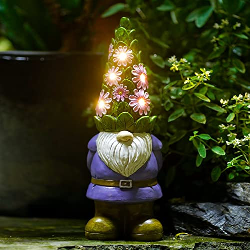 Goodeco Solar Garden Gnome Ornaments Figurines, 29CM Funny Outdoor Weatherproof Decorations with Flowers LED Lights for Patio Lawn Garden, Gifts