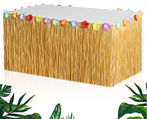 Gukasxi Hawaii Tischröcke, 275 x 75cm, Hawaii Luau Tischdeko Partyartikel, Hawaii Party Dekoration mit Mehrfarbe Blumen, Hawaiian Grass Table Skirt, für Bar BBQ Tropischen Sommer Garten Party Deko