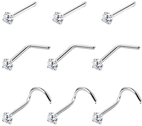 9 Stück Nasenstecker Nasenringe Chirurgenstahl Nasenpiercing Ohrstecker Nasenring Chirurgenstahl Nostril mit Zirconia Nase Nostril Piercing Stecker L/I/J Form Silber