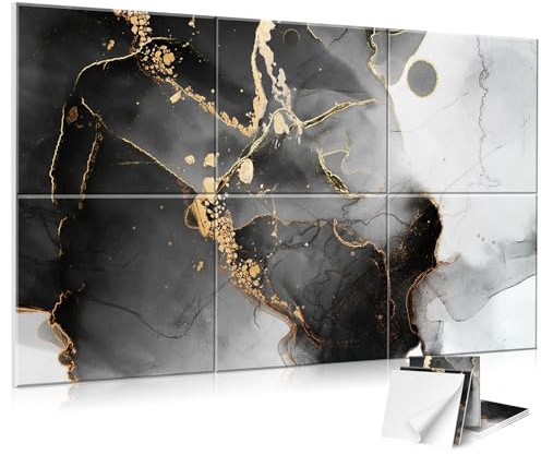Kunst-Akustiktafeln, 6 Stück, selbstklebend, große Wandkunst-Gemälde für Wanddekoration, schallabsorbierende Paneele für, Wohnzimmer und Schlafzimmer, 120 x 68 cm (Black Gradient Gilt Marble)