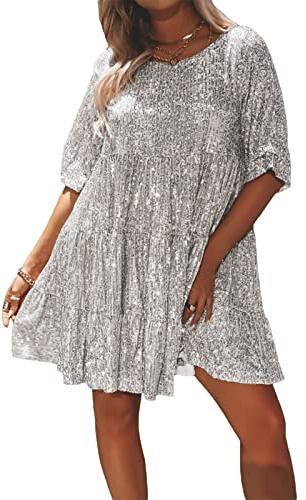 YILEEGOO Damen Pailletten Club Swing Minikleid Rundhals Halbe Ärmel Glitzer Tunika Kleid Party Clubwear, silber, X-Large