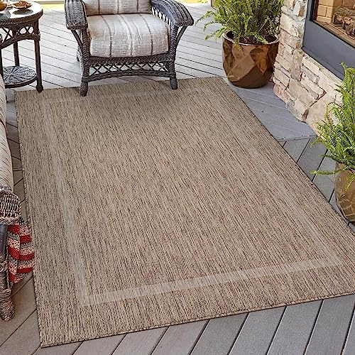 HomebyHome Outdoor Teppich Läufer 80x250 cm Braun Bordüre Design Flachgewebe Wetterfest Waschbar für Flur Eingang Balkon Terrasse