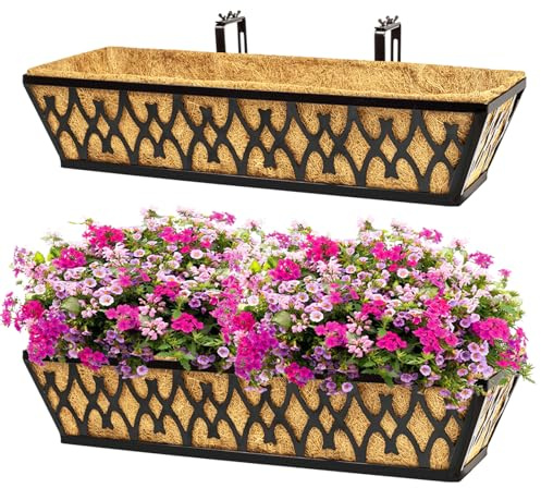 Karlliu 2 Pack 24 Inch Window Boxes Planters Railing Planter Box with Adjustable Brackets for Porch Fence Patio Balcony Hanging Flower Baskets with Coco Liners for Outdoor Garden Décor - Black
