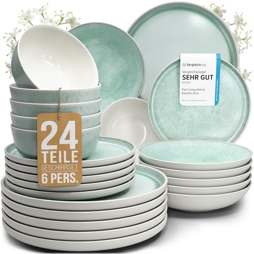 Juego de vajilla de gres para 6 personas Ibiza 24 piezas - Set de vajilla mediterránea - Resistente al lavavajillas, microondas y arañazos - Set de platos y cuencos - Pure Living Beige y Turquesa