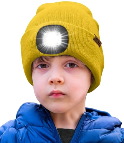 ATNKE Barn LED-upplyst mössa med ljus, uppladdningsbar USB 4 LED-löparmössa extremt ljus lampa vinter varm stickad mössa fantastiska presenter för pojkar och flickor, GUL, One size