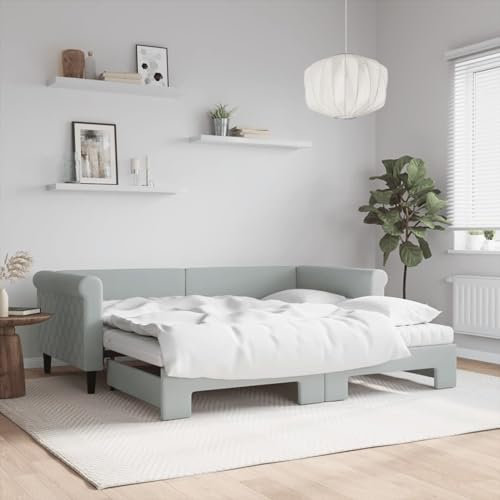 Homgoday Tagesbett Ausziehbar mit Matratze Schlafbett Schlafsofa Ausziehbett Sofabett Bettsofa Loungesofa Ausziehsofa Schlafcouch Sofa Couch Gästebett für Wohnzimmer Hellgrau 90x190 cm Samt