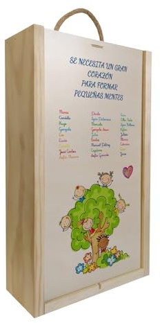 Caja de madera personalizada para regalar a profesoras, docentes, maestras de guardería con lista de alumnos. Capacidad para 2 botellas de vino o aceite.… (2 botellas)