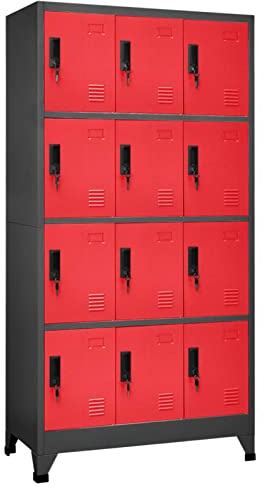 DJEKA Spind Schrank Metall 12 Fächer Metallschrank Spind Schrank abschließbar Schließfachschrank Wertfachschrank Aktenschrank Metallspind -Anthrazit und Rot-Mit 12 Schließfächern