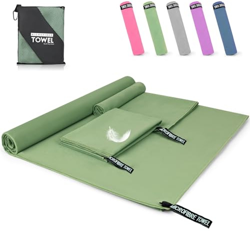 Pfloge® Asciugamano Microfibra Set di 3, 180x80cm Asciugamano Palestra Grande & 2 Pezzi 80x40cm Telo Mare Microfibra, Compatto & Ultraleggero, per Fitness, Sauna, Spiaggia, Viaggi(Verde Scuro)