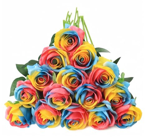 10 Pcs Artificial Roses, Rainbow Fake Roses Artificial Flowers, with Stems Fake Artificial Rainbow Roses Silk Flowers, for Home Garden Party Hotel Office Decor